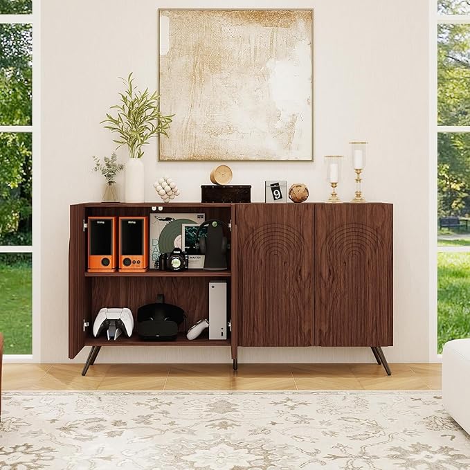 59" Accent Storage Cabinet with 4 Doors, Modern Decorative Cabinet with 3D Carved Door, Sideboard Buffet Cabinets with Adjustable Shelves, Credenza for Living Room, Entryway, Kitchen, Walnut