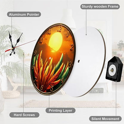 Wall Clock， Sunset Feather Bohemian Non Ticking Wall Clocks Battery Operated， Gold Wooden Wall Clocks for Kitchen， Living Room， Bedroom， Office Decorative 25 * 25cm