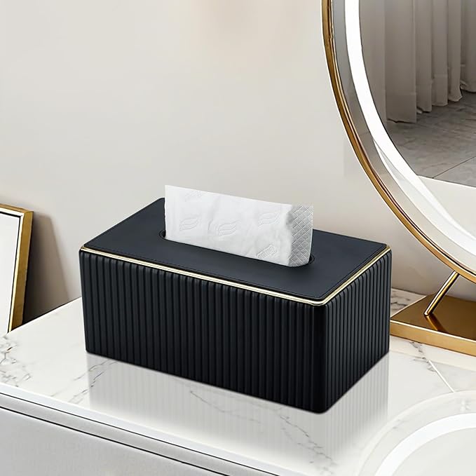 KINGFOM Rectangular Tissue Box Cover, PU Leather Tissue Box Holder with Magnetic Bottom, Napkin & Facial Tissue Holder Dispenser Decorative Box Cover for 120-count (3-Ply) 160-count (2-Ply) Black