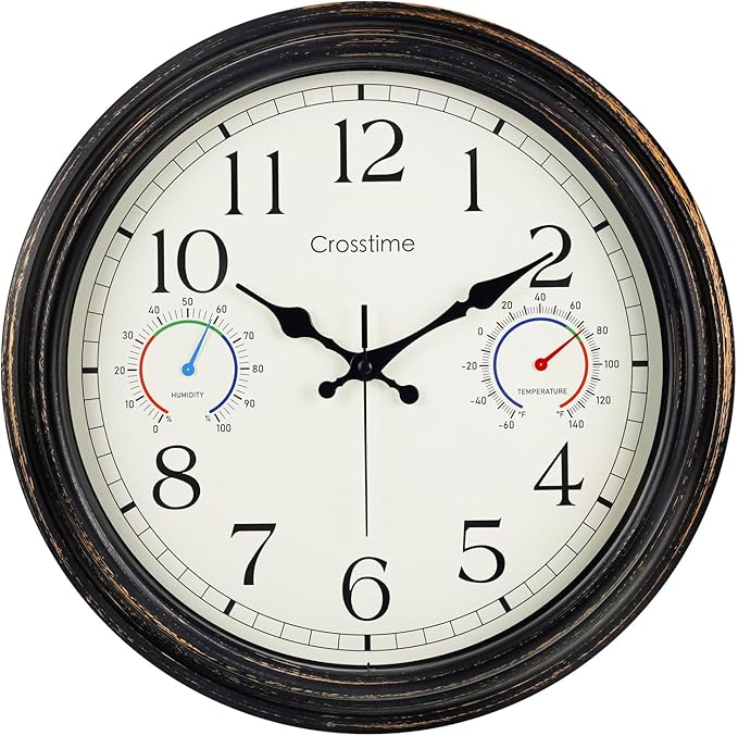 16 Inch Waterproof Outdoor Clock with Thermometer & Hygrometer Combo – Bronze Retro Vintage Decor Indoor Outdoor Wall Clocks for Patio, Pool, Backyard, Garage