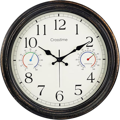 16 Inch Waterproof Outdoor Clock with Thermometer & Hygrometer Combo – Bronze Retro Vintage Decor Indoor Outdoor Wall Clocks for Patio, Pool, Backyard, Garage