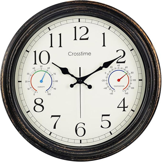 16 Inch Waterproof Outdoor Clock with Thermometer & Hygrometer Combo – Bronze Retro Vintage Decor Indoor Outdoor Wall Clocks for Patio, Pool, Backyard, Garage