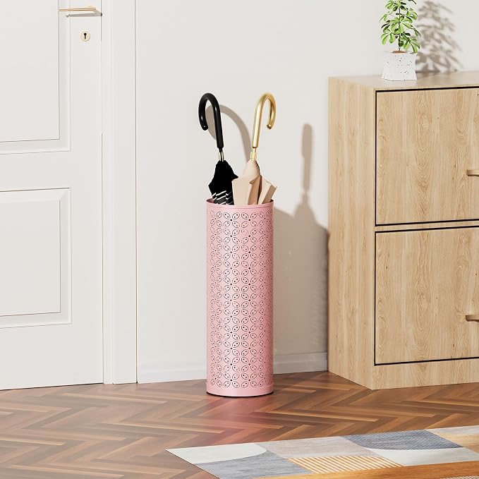 Metal Round Umbrella Stand,Free Standing Umbrella Holder Bin, Canes Walking Sticks Holder for Entryway, Home, Office,Pink