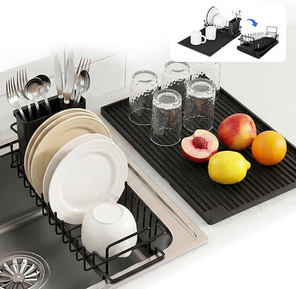 Expandable & Collapsible Dish Drying Rack for Over The Sink and in Sink, Stainless Steel with Silicone Drip Tray, Space Saving Adjustable Dish Rack for Small Kitchen, Apartment & RV