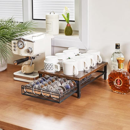 IBUYKE Coffee Pod Drawer Holder,40 Capsule Pods,Compatible for Nespresso Vertuo Pods,Wooden Top and Mesh Shelves,Home Kitchen Counter Coffee Bar Organizer, Rustic Brown,TCJ101H