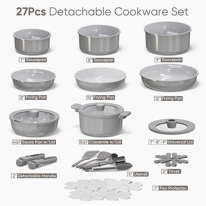 CAROTE 27pcs Ceramic Cookware Set Nonstick, Pots and Pans Set Non Stick, Non Toxic Cookware Detachable Handles, Dishwasher/Oven Safe, RV/Camping Cookware, Pan and Pot with Kitchen Utensils, Dark Gray