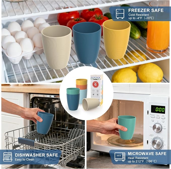 Wheat Straw Cups, Plastic Cups Unbreakable Drinking Cups Set of 6, Reusable Plastic Cup 12 OZ, Dishwasher Safe Tumblers & Water Glasses, Multi