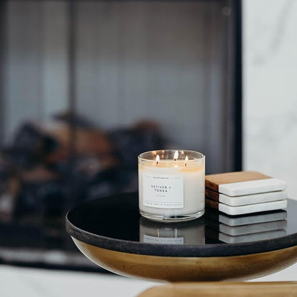 Calyan Wax Co. Vetiver & Tonka 3 Wick Scented Candle - 43 Hour Burn - Luxury 3 Wick Soy Candles - Non Toxic Soy Wax Candles - Long Lasting Large Glass Jar Candle for Home - 14.9oz
