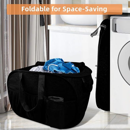 2 Pack Collapsible Laundry Baskets with Lid, Foldable Laundry Basket with Handy Pockets, Pop Up Laundry Hamper with Dual Handles, 99L Sturdy Hampers for Clothes, Groceries, Supplies, Tools, Black