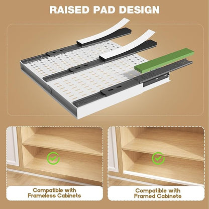 Seinloes Pull Out Cabinet Organizer, 4-Side Expandable to Fit Most Cabinets, 3 Rail Slide Out Drawers with Raising Pad for Framed & Frameless Cabinets, 13"-21" W x 17"-24" D, White, 4 Pack