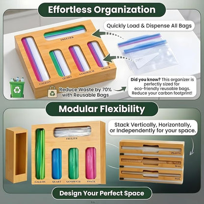 9 IN 1 Storage Bag Organizer for Kitchen Drawer - Wall Mounted | Bamboo Foil and Plastic Wrap with Cutter, Ziplock Bag Organizer for Gallon, Sandwich & Snack Bags - Aluminum Foil Organizer