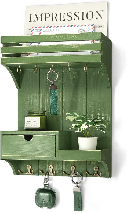 Rebee Vision Pine Wood Key Holder Wall Mount with Small Drawer Organizer - Wall Mounted Mail Organizer & Key Holder with 9 Hooks for Home Decor - Ideal for Entryway, Hallway, and Bedroom (Green)