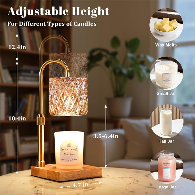 Hong-in Candle Warmer Lamp with Timer -Dimmable Adjustable Height Wax Melt Warmer for Jar Candles,Vintage Home Decor with Elegant Amber Glass,Birthday Gifts for Women, Mom, Friend, Sister