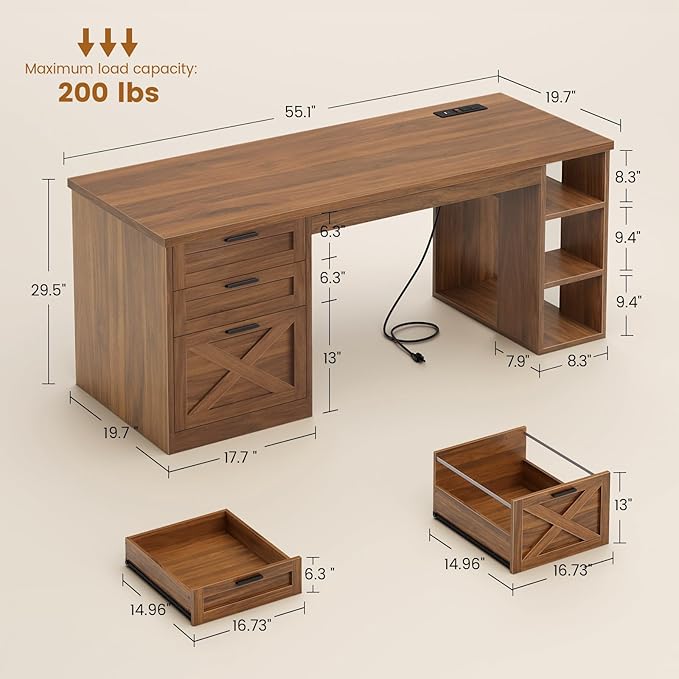 SEDETA 55.1" Executive Office Desk with 3 Drawers, Farmhouse Computer Desk with File Drawer & Storage Shelves, Home Office Desk with Power Outlet for Home Office, Brown