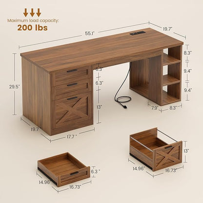 SEDETA 55.1" Executive Office Desk with 3 Drawers, Farmhouse Computer Desk with File Drawer & Storage Shelves, Home Office Desk with Power Outlet for Home Office, Brown