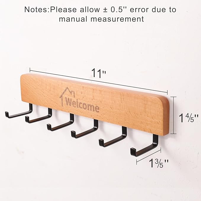 Wooden Key Holder with Metal Hooks,No Drill Adhesive & Screws, Wall Mount Entryway Organizer for Keys, Coats, Hats, Rustic Farmhouse Wall Decor for Hallway, Apartment (2, Natural)
