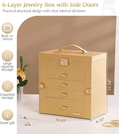 Homde Mothers Day Gifts Synthetic Leather Huge Jewelry Box Mirrored Watch Organizer Necklace Ring Earring Storage Lockable Gift Case (Gold)