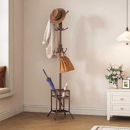 ELYKEN Coat Rack Freestanding, Metal Coat Rack Stand with Umbrella Holder, Modern Coat Tree with 12 Hooks, Floor Standing Corner Hall Tree for Entryway Living Room Bedroom Office, Brown