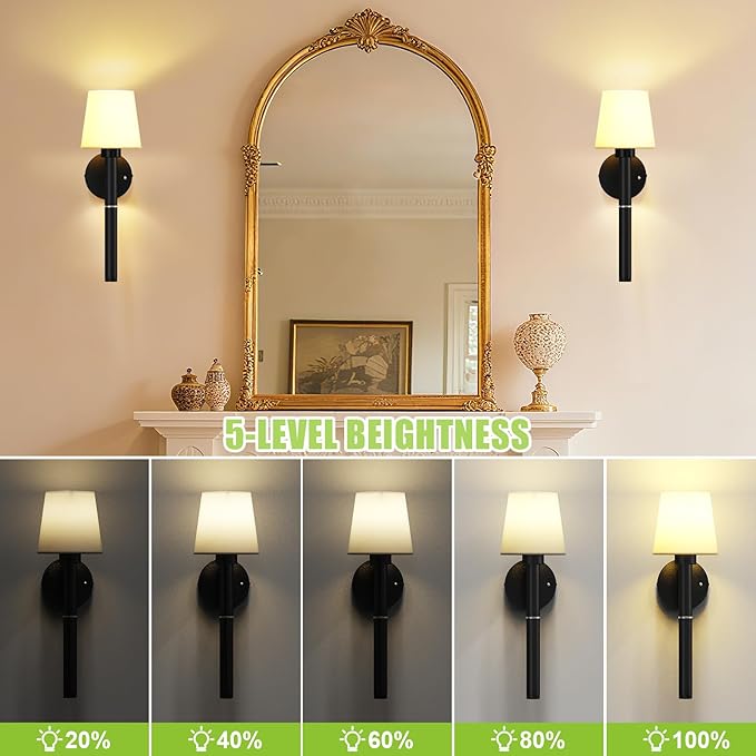 Magnetic & Detachable Wireless Wall Sconces (Black) - 5200mAh Rechargeable Battery Bar for Staircase, Bedroom, Lounge