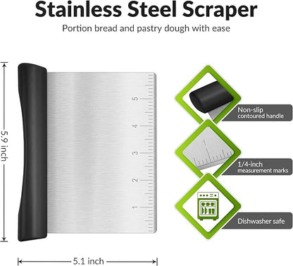 Rainspire Bench Scraper, Stainless Steel Dough Scraper, Pastry Scraper, Pizza and Dough Cutter Multi-Purpose Scraper/Chopper, Pizza Cutter Food Chopper Baking Supplies Kitchen Gadgets, Black