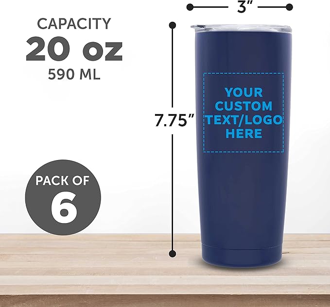 Custom Pipette Stainless Steel Coffee Tumblers 20 oz. Set of 6, Personalized Bulk Pack - Double Wall, Perfect for Coffee, Hot Cocoa, Other Hot & Cold Beverages - Blue