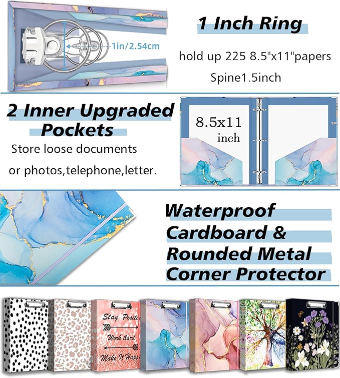 1 Inch 3 Ring Binder Organizer with Clipboard, 5-Tab Pockets Dividers, Clear Folder, 18 Divider Stikers, BVSSX Decorative Three Ring Binder with Pen Loop, Elastic Strap (Blue Marble,Letter Size)