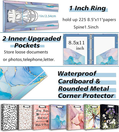 1 Inch 3 Ring Binder Organizer with Clipboard, 5-Tab Pockets Dividers, Clear Folder, 18 Divider Stikers, BVSSX Decorative Three Ring Binder with Pen Loop, Elastic Strap (Blue Marble,Letter Size)