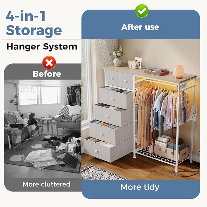 OLIXIS 6 Storage for Bedroom with Hanging Rack with LED Lights & Charging Station, Fabric Chest of Storage with Rack, Wooden Top, for Home Living Room Entryway Light Grey