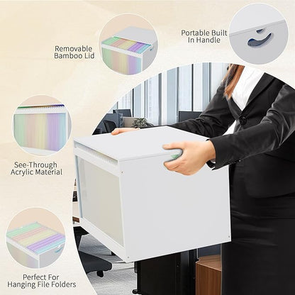LONTAI White Bamboo Acrylic File Box with Hanging Folders, Letter/Legal Size, Dustproof, Home Office File Organizer