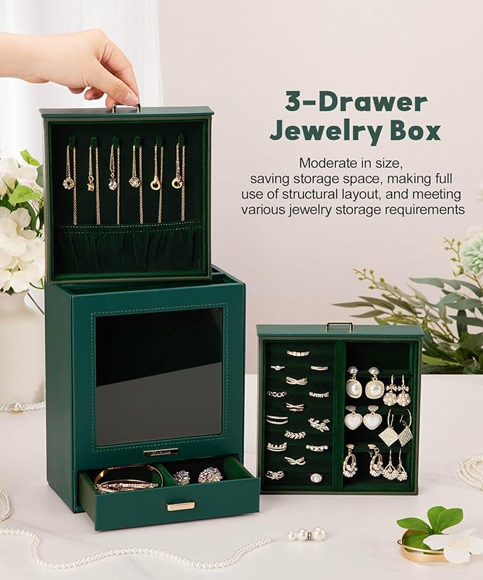 Homde Jewelry Organizer Girls Women Jewelry Box for Necklaces Rings Earrings Gift Bracelets Storage Case (Forest Green + Gold)