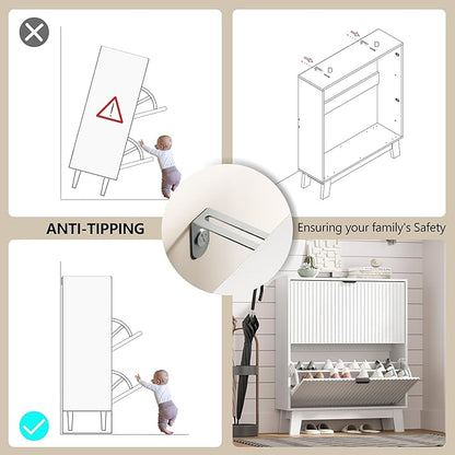 Shoe Cabinet Storage for Entryway with 2 Flip Drawers, Fluted Narrow Shoe Organizer with Wooden Legs, Freestanding Slim Shoe Storage Hidden Shoe Rack Organizer for Front Door Entrance, White