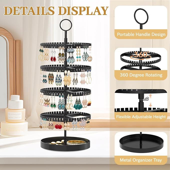 MODOWEY 4 Tier Rotating Earring Holder Organizer Display Tree with Metal Tray, Adjustable Plastic Stand with 228 Slots for Stud Hoop Hanger, Large Capacity Storage Rack for Women Space Saving, Black