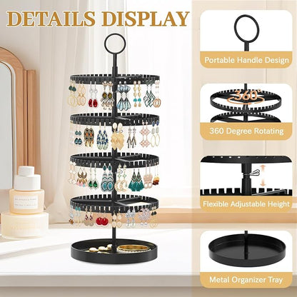 MODOWEY 4 Tier Rotating Earring Holder Organizer Display Tree with Metal Tray, Adjustable Plastic Stand with 228 Slots for Stud Hoop Hanger, Large Capacity Storage Rack for Women Space Saving, Black