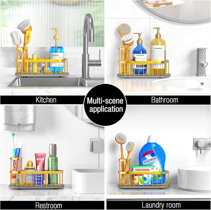 HOKEMOM Gold Sponge Holder for Kitchen Sink,Sink caddy organizer - 2.6mm Thick 304 Stainless Steel Caddy with Rust-Proof Coating, Non-Slip No-Drain Base. Dimensions: 9.84" x 4.72" x 5.83"