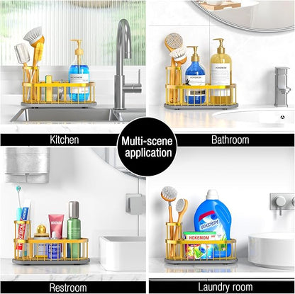HOKEMOM Gold Sponge Holder for Kitchen Sink,Sink caddy organizer - 2.6mm Thick 304 Stainless Steel Caddy with Rust-Proof Coating, Non-Slip No-Drain Base. Dimensions: 9.84" x 4.72" x 5.83"