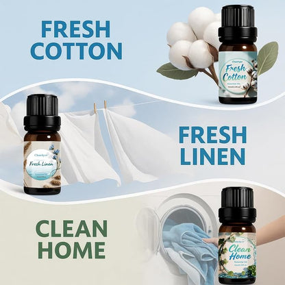 Clean Essential Oils Set 6x10ml-Fresh Linen,Mint,Clean Home,Silken Breeze,Fresh Cotton,Floral Soap for Diffuser,Home Fragrance