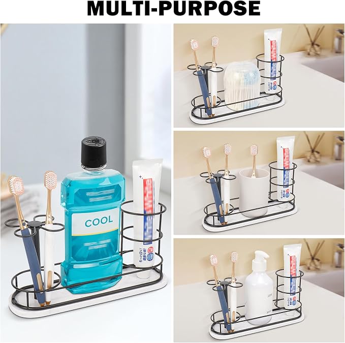 Toothbrush Holder Stand for Bathroom, Metal Toothbrush Organizer with Marble Base, Toothbrush Storage Collection for Family, Suitable for Home Hotel Countertop Vanity (Large, Matte Black)