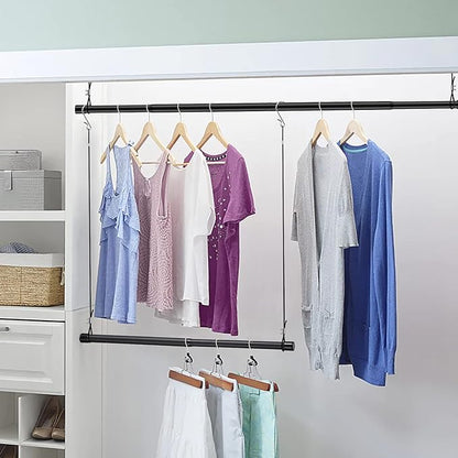 INFLATION Closet Rod With Hangers Adjustable Width (15-50 Inch) Tension for Hanging Clothes Rack, 35 Inch Height, Elegant Black Hanging Closet Organizer for Women, Men and Kids