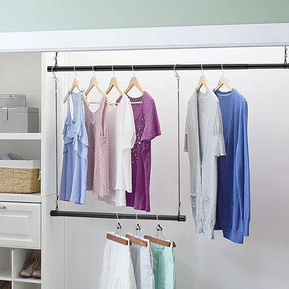 INFLATION 2 Pack Hanging Closet Rod 15-40 Inch Adjustable Width for Stylish Clothes Rack and Hangers, Versatile Black Tension Rod 35 Inch Height Perfect Clothing Organizer for Women, Men, Kids