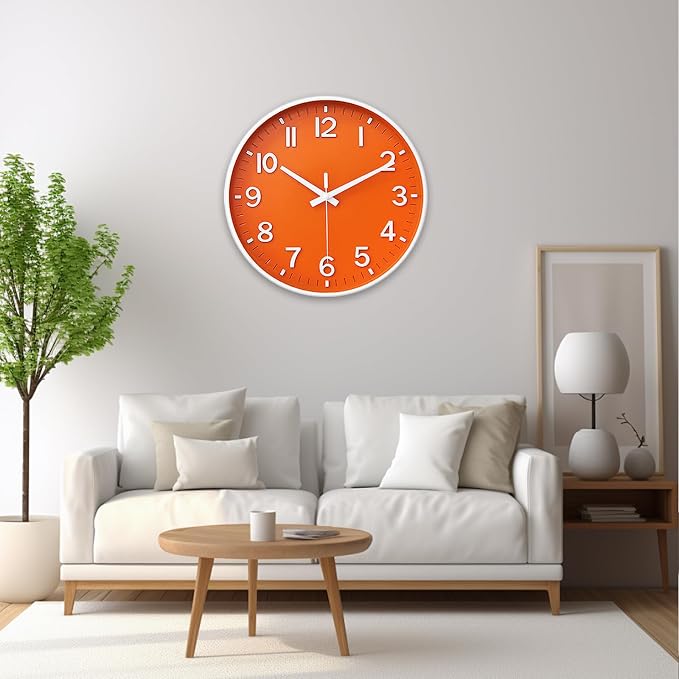 HZDHCLH Wall Clocks Battery Operated,Wall Clock Orange,14 inch Wall Clock Silent Non Ticking Modern 3D Numbers for Kitchen Bedroom Living Room Office Classroom Decor