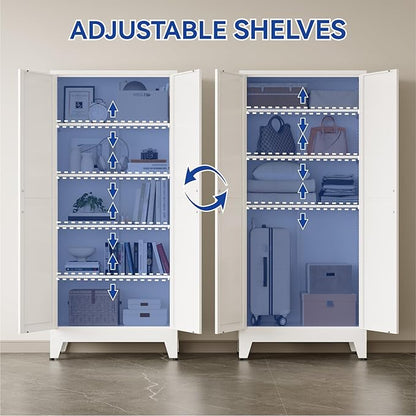 COFaR 71 in Tall Kitchen Pantry Cabinet, Metal Pantry Storage Cabinet with 4 Adjustable Shelves and 2 Barn Doors, White Freestanding Farmhouse Food Cupboard for Dining Room Living Room