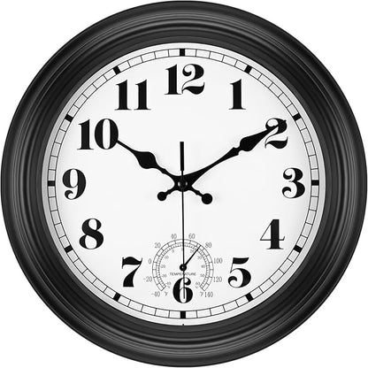 12 Inch Outdoor Clock with Thermometer - Waterproof Outdoor Clocks, Silent Non-Ticking Large Decorative Patio Clock for Garden, Porch, Pool, Backyard, Weather Resistant Wall Clocks(12inch Black)