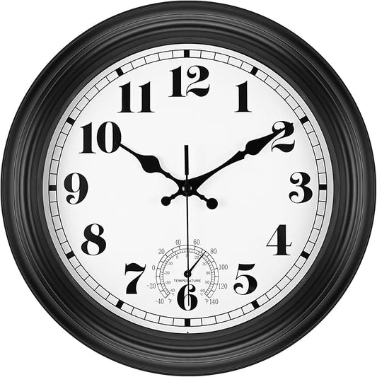 12 Inch Outdoor Clock with Thermometer - Waterproof Outdoor Clocks, Silent Non-Ticking Large Decorative Patio Clock for Garden, Porch, Pool, Backyard, Weather Resistant Wall Clocks(12inch Black)