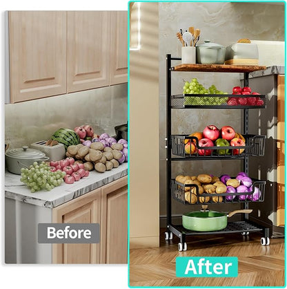 HapiRm Fruit Basket Kitchen Cart - Floor 5 Tier Adjustable Fruit and Vegetable Storage Rack, Large Capacity Rolling Kitchen Carts on Wheels for Pantry Snack Potato and Onion Storage