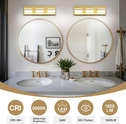 Modern LED Small Bathroom Lights Fixtures(3-Light),Metal Gold Acrylic Wall Lighting,Vanity Lights for Bathroom Over Mirror(6000k 16in)