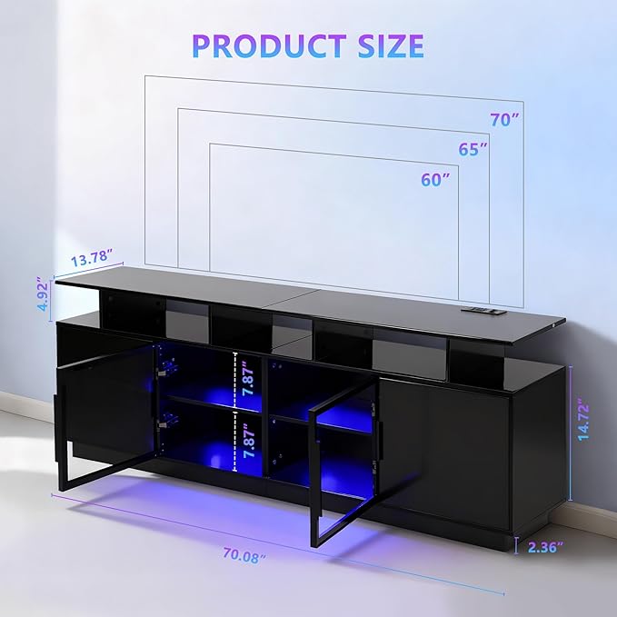 70 Inch Black TV Stand for Living Room, LED Entertainment Center for Gaming, Modern TV Cabinet Console, Transparent Glass Door Storage Cabinet
