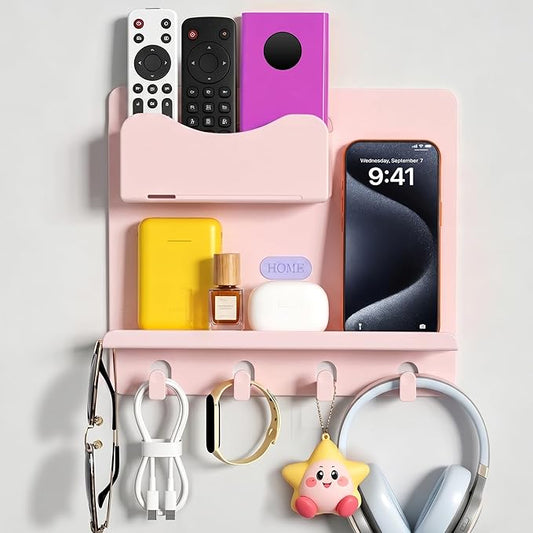 Bedside Shelf Wall Mount, Adhesive Bedside Shelf Accessories Organizer with Hooks and Cable Clips,Dorm Bedside Wall Storage for Phone, Remote, Earphone,Plastic (Pink)