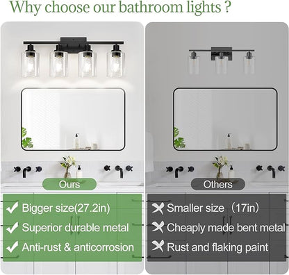 4-Light Bathroom Light Fixtures, Vanity Light with Clear Glass Shades, Matte Black Bathroom Light Fixtures Over Mirror, Modern Bathroom Wall Lamp for Mirror Living Room Cabinet Bedroom