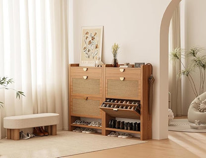 Rattan Shoe Storage Cabinet, Entryway Shoe Organizer with 2 Flip Drawers, Narrow Shoes Cabinet, Free Standing Hidden Shoe Storage, Shoe Rack for Entryway/Hallway/Front Door