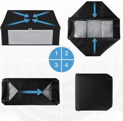 HomeHacks Storage 4-Pack Clothes Organizer Storage Bags Foldable Storage Box with Large Clear Window Sturdy Handles for Closet, Dorm, Pillows, Bedding, Clothes, Blankets, 35L, Black